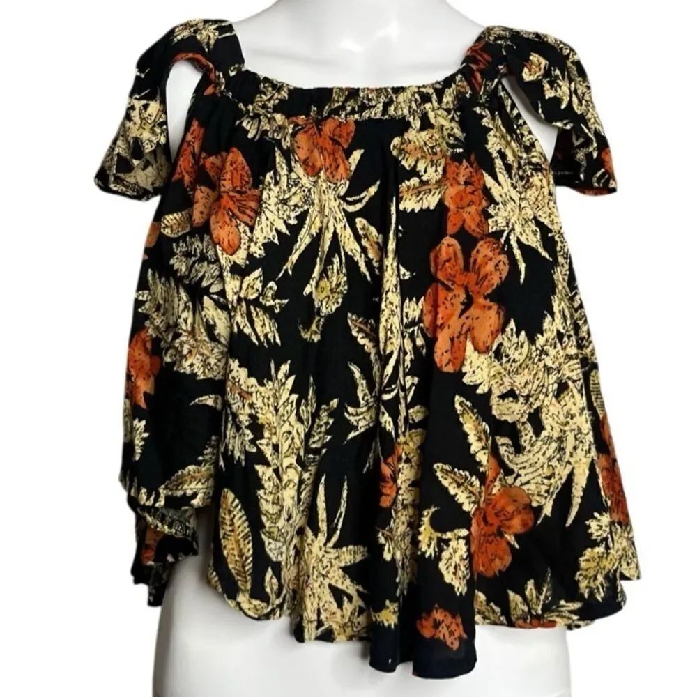 Anthropologie Raga Floral Off-Shoulder Top - Black and Orange Size XS